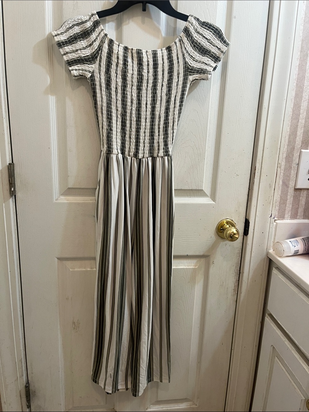 Justify Striped Off-Shoulder Jumpsuit in White and Olive Green